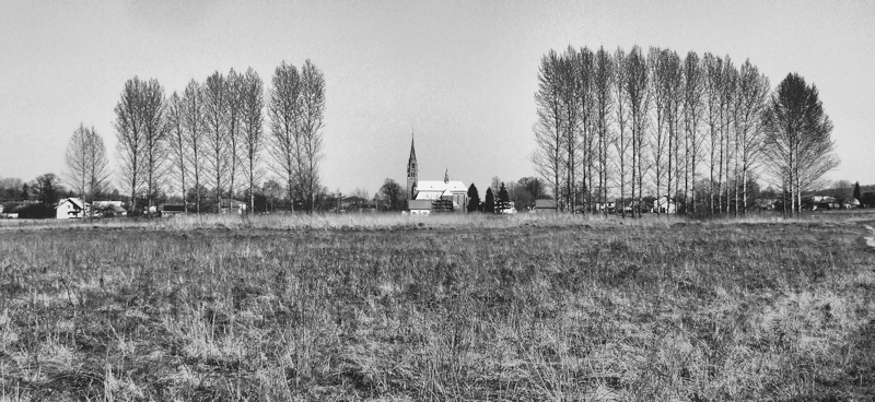 Bobrka Church framed by two lines of poplars.