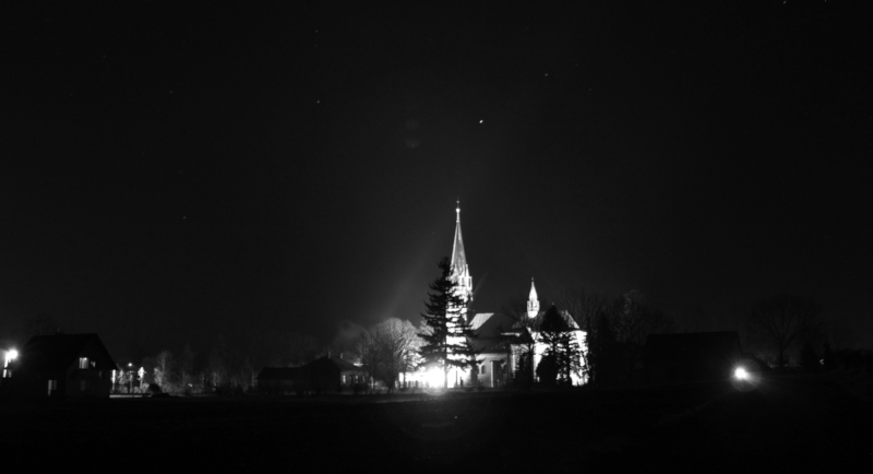 Green Channel of Long Exposure, Bobrka Church lit-up at night.