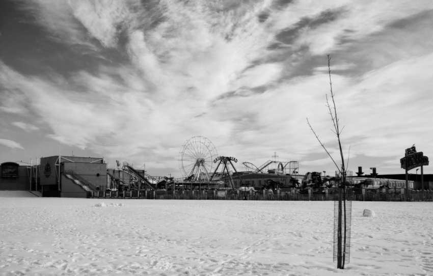 The fun fair at Aberdeen beach under the snow. High res available.