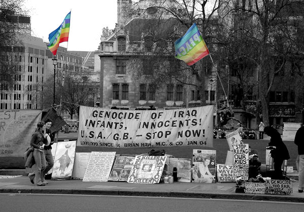 Protesting the war in Iraq outside Parliament, London.
