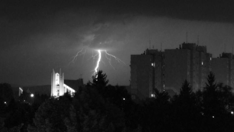 Lightning strike near church, Krosno, Poland.
